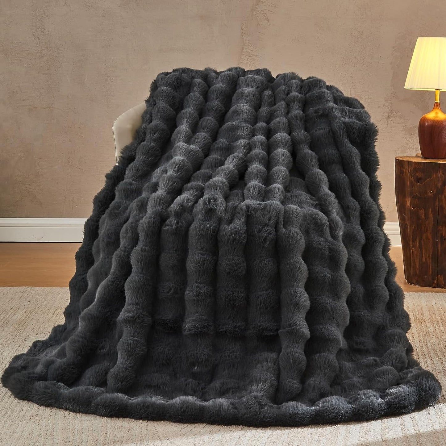 Lotus Karen Faux Fur Throw Blanket Dark Gray - Big Bubble Rabbit Fluff Blanket for Couch, Small Fluffy Fuzzy Cozy Blanket, Thick Furry Plush Shaggy Blankets, 50x60 Inches