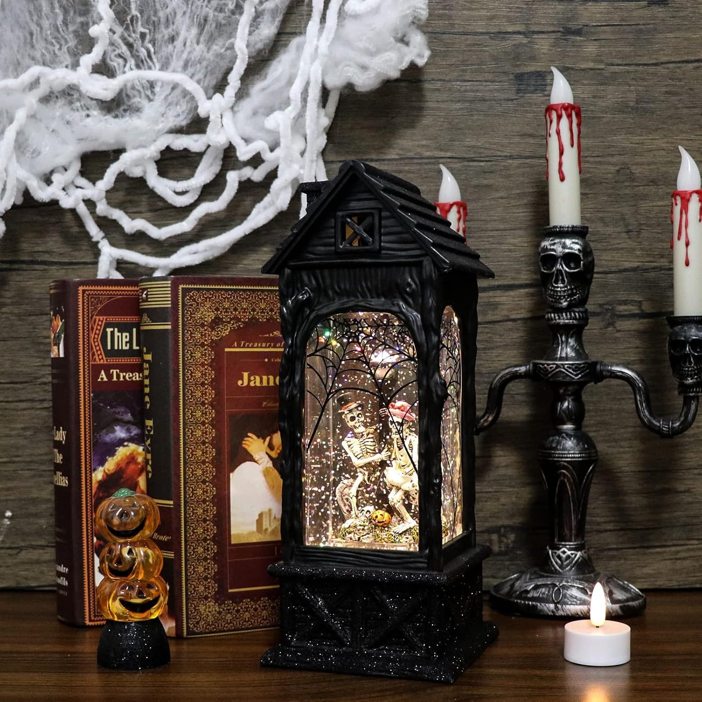 Eldnacele Halloween Ghost Projection Snow Globe Lantern with 6-Hour Timer, Lighted Plug-in & Battery Operated Water Glittering Snowing Globe Lamp for Spooky Fall Halloween Indoor Decoration(Skeleton)