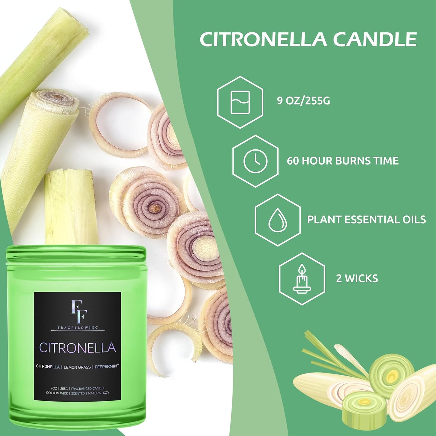 Citronella Candles Outdoor, 2-Wick Outdoor Indoor Scented Candle, Jar Candles for Home Scented, Long Lasting Natural Soy Candle, Summer Scents of Citronella/Lemon Grass/Peppermint, 9 oz