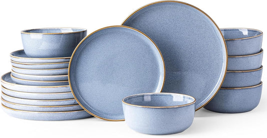 GBHOME Ceramic Dinnerware Sets for 6, 18 Pieces Stoneware Plates and Bowls Sets, Scratch Resistant Dish Sets for Dinner, Dishwasher & Microwave Safe, Brunnera Blue