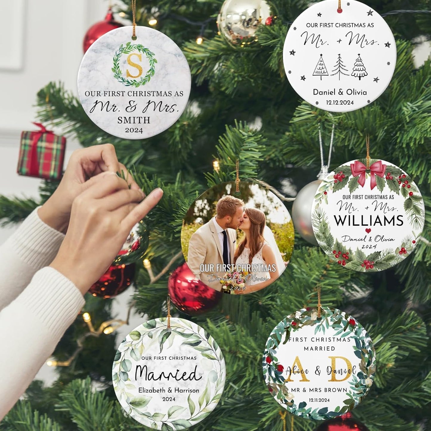 Personalized First Christmas Married Ornament 2025 Custom Mr and Mrs Wedding Christmas Ornaments with Photo Name for Couples,Double-Sided Ceramic Customized Engagement Ornament