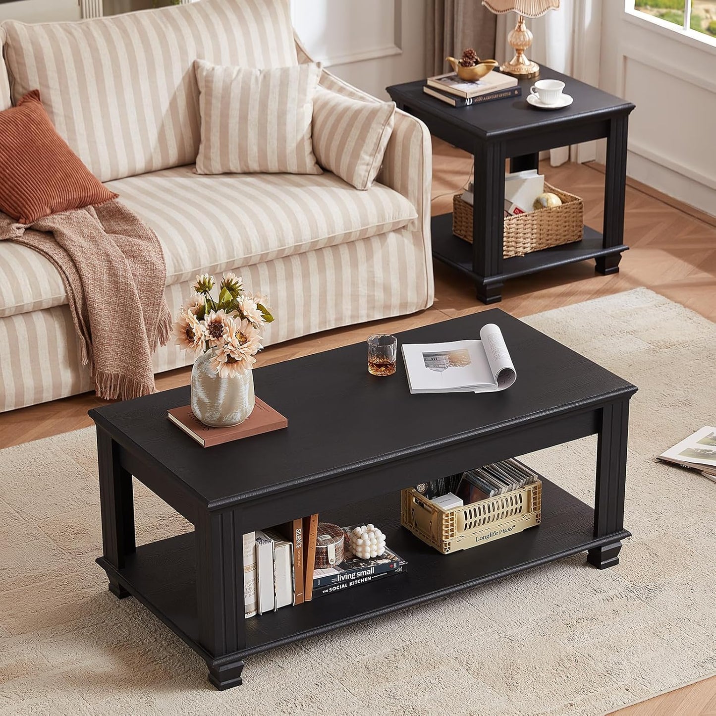 Farmhouse Coffee Tables for Living Room,Square Tea Table with Open Storage Shelf,Large Coffee Table,Rustic Wooden Center Table,Black