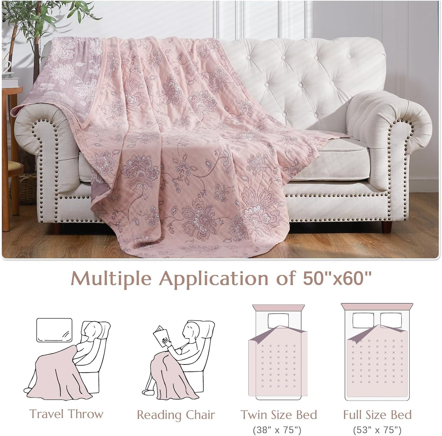 jinchan Boho 100% Cotton Muslin Twin Size 50x60 Inches Blanket Lightweight 4-Layer Quilted Soft Pink Red Floral Throw Blanket Reversible Comfy Flower Breathable All Seasons Couch Bedroom Decor