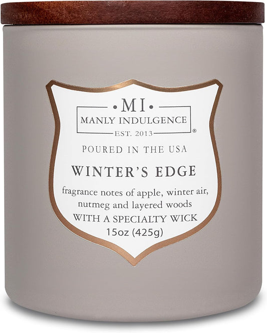 Manly Indulgence Winters Edge Scented Candles for Men, 15 oz Wooden Wick, Premium Soy Blend Wax, 60H Burn, Candles for Home Scented - Made in The USA