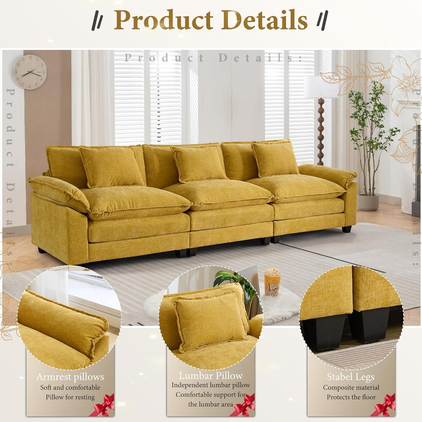 URRED Modular Sectional Sofa Comfy Cloud Couch, Modern Chenille Sofa Sleeper Deep Seat Couches with Ottoman/Pillows for Living Room (Yellow, 117'')