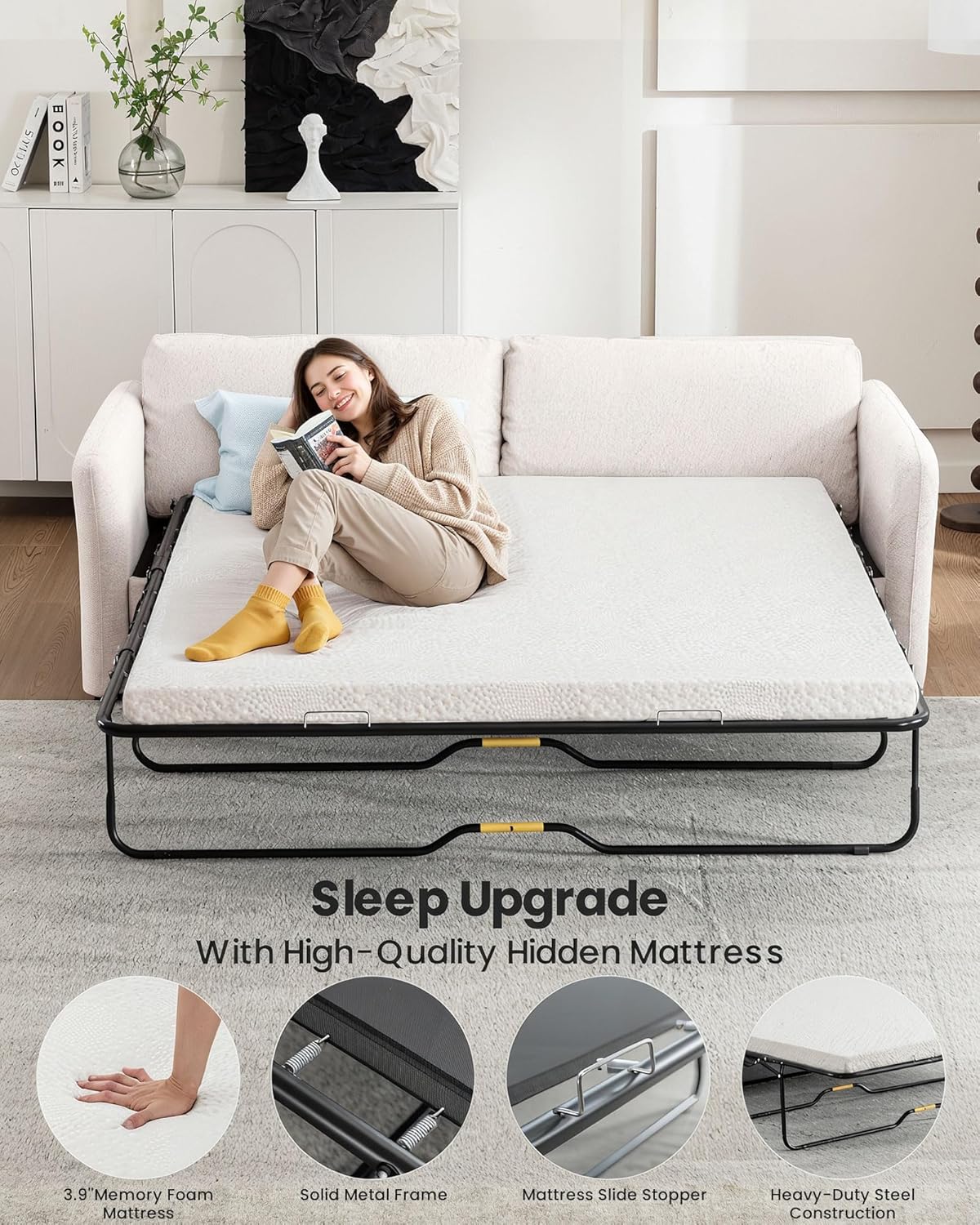 Queen Pull Out Sofa Bed, 2-in-1 Convertible Sleeper Sofa Couch with Memory Foam Mattress, 3-Seater Sofa Bed Queen with Arms for Living Room & Small Spaces, Beige