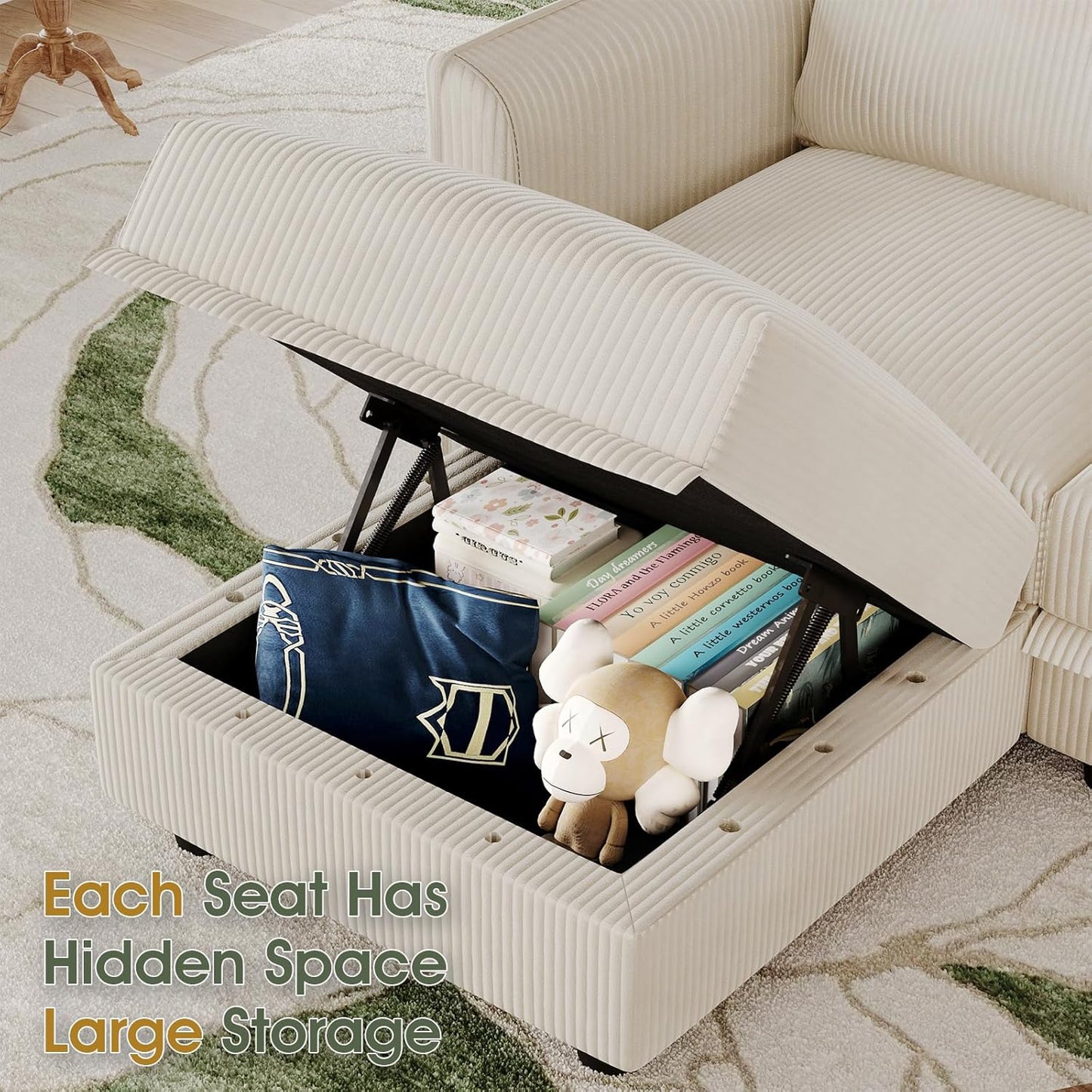 LLappuil Modular Sectional Sofa with Storage Seats, Corduroy Convertible Modular U Shaped Sectional Couch for Living Room, 8 Seat Oversized Sofa with 8 Back Cushion 8 Throw Pillow, Beige