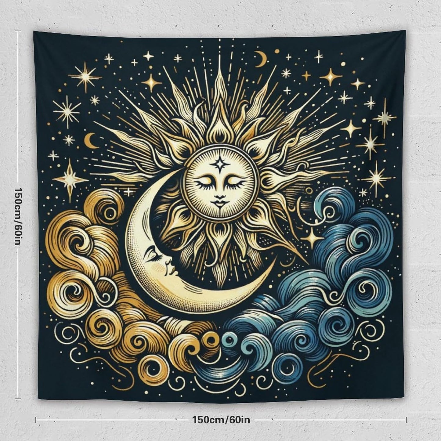 HZOHNAGO Sun Moon Tapestry Boho Golden Stars Pattern Printed Wall Tapestry Wall Hanging for Bedroom Living Room Dorm 60" W x 60" H