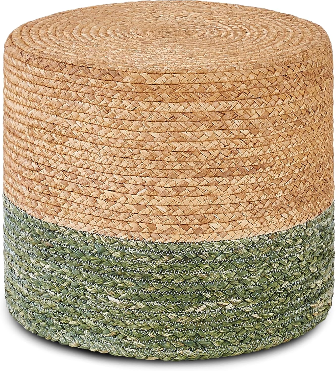 Wimarsbon 18'' Ottoman Pouf, Natural Braided Poof, Rustic Handweave Lounge Pouffe, Boho Footrest Stool for Bedroom, Accent Table for Living Room (Natural Water Hyacinth + Green Corn Husk)