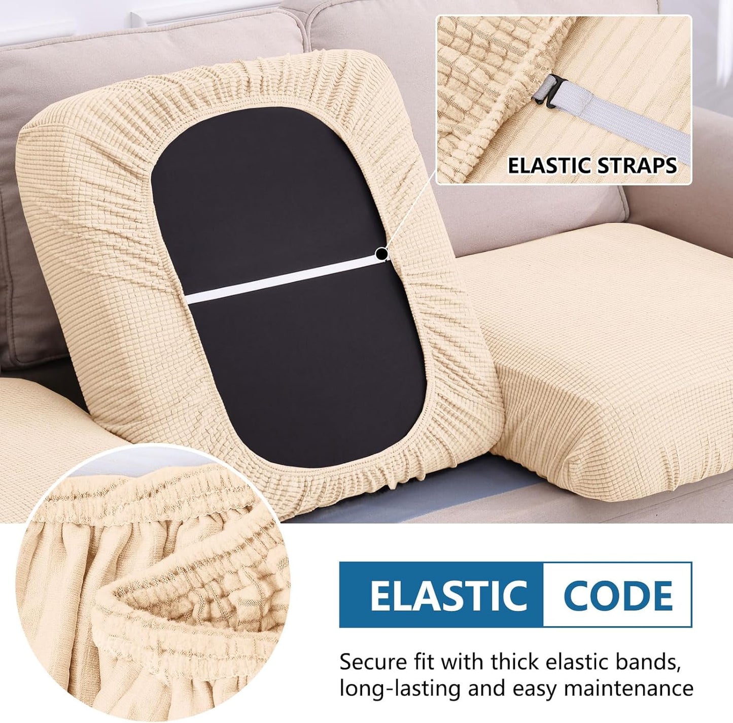 hyha Waterproof Couch Cushion Covers for Pets, Non Slip Sofa Seat Cover for Dogs Washable, Soft Thick Stretch Jacquard Fabric, Sofa Slipcovers with Elastic Bottom (2 Pieces, Beige)