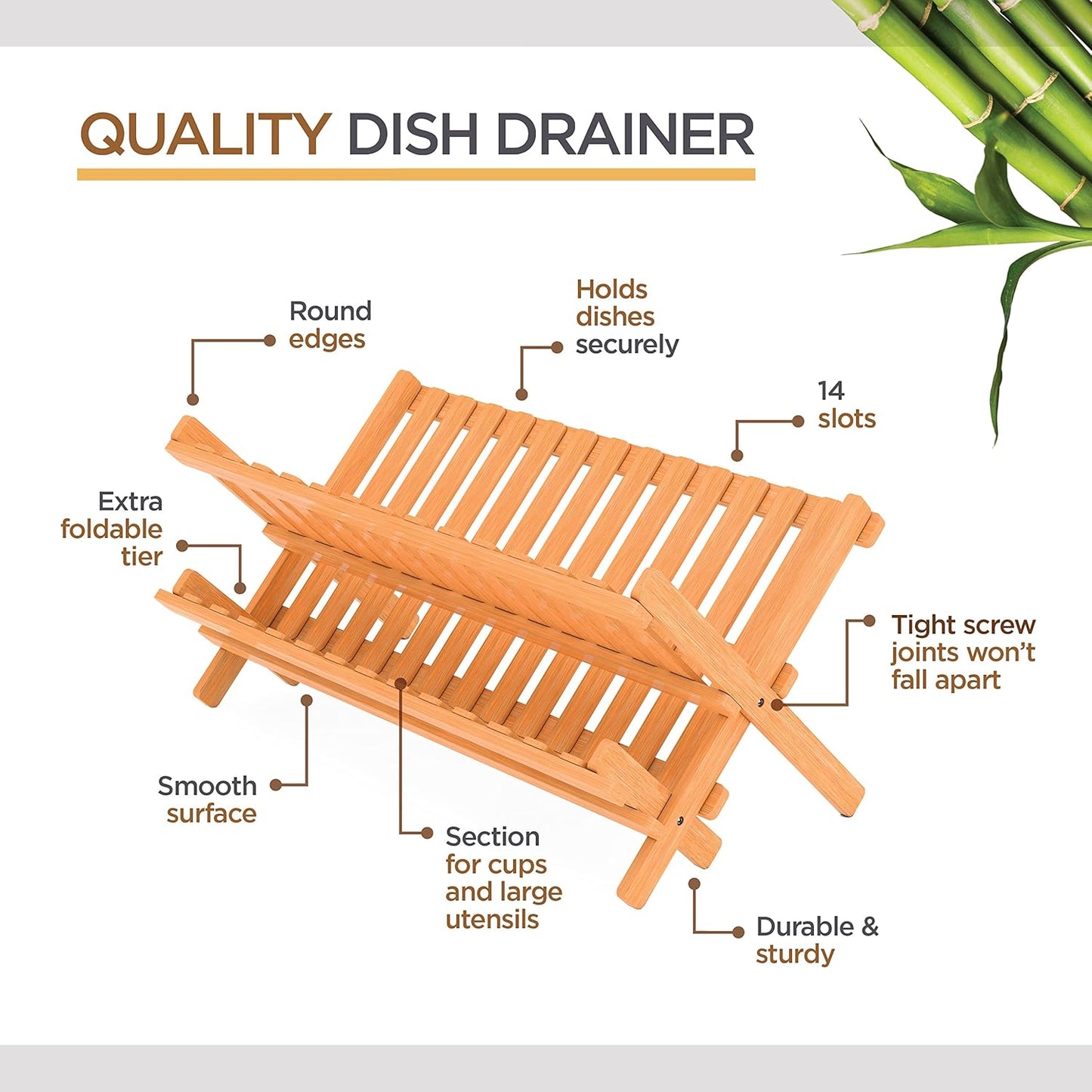 BAMBUSI Dish Drying Rack - Collapsible 2-Tier Bamboo Dish Rack for Kitchen Counter, Wooden Dish Drainer with Foldable Space-Saving Design - Drying Rack for Dishes, Plates, and Cups - Housewarming Gift