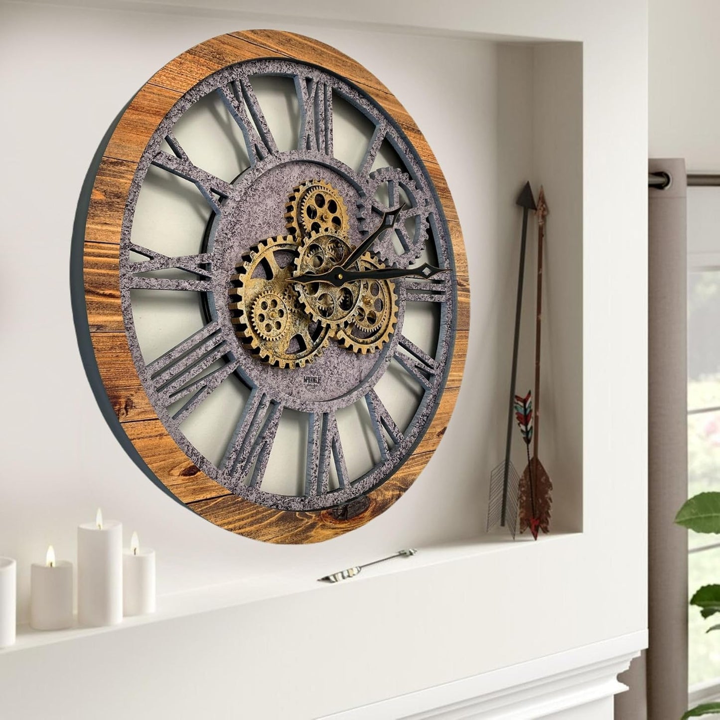 The Gears Clock The Original Real Moving Gear Wall Clock Vintage Industrial Oversized Rustic Farmhouse (24 inch (60cm),Wood&Stone)