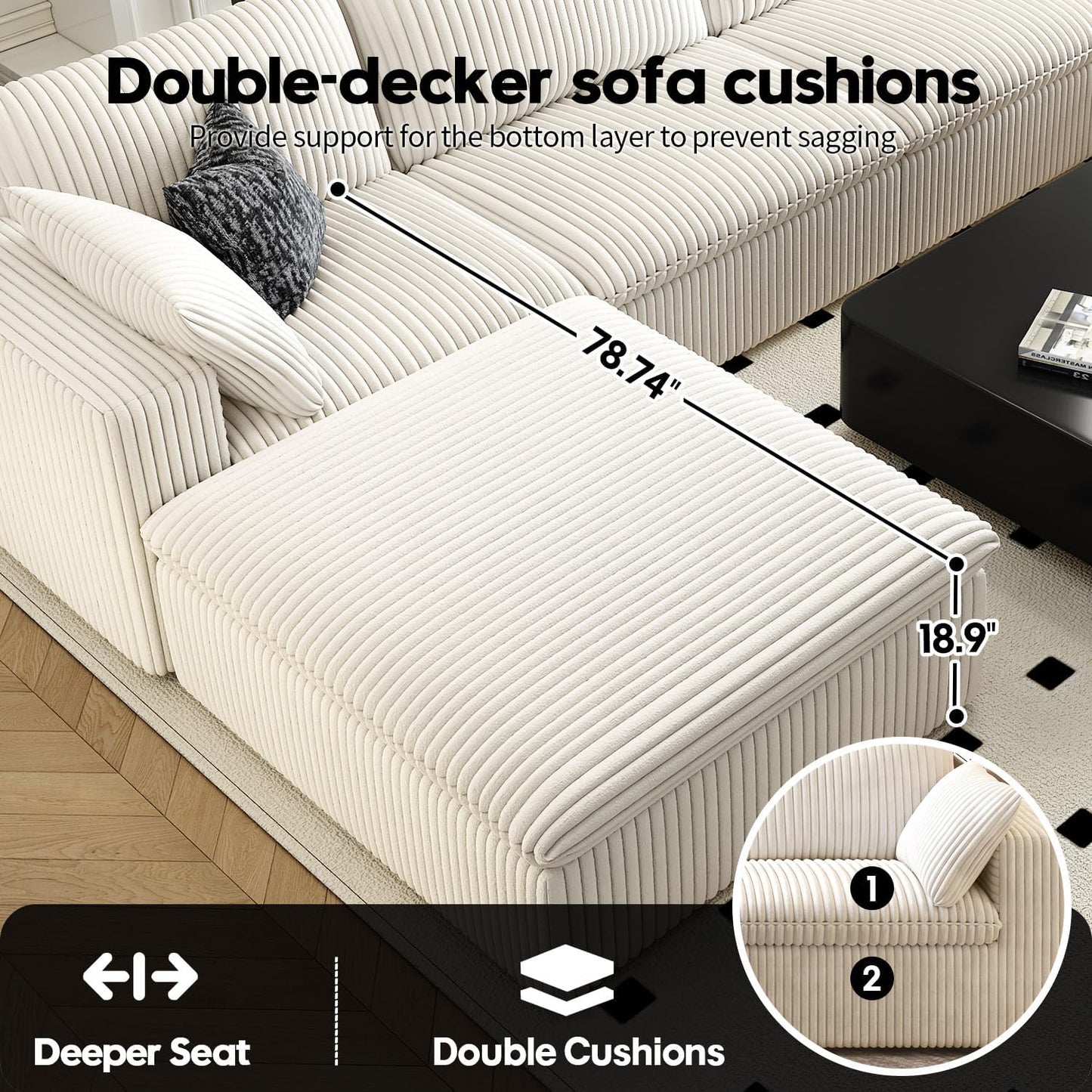 118" Cloud Couch Oversized Modular Sectional Sofa for Living Room,Modern Sofa with Deep Seat，6 Seater Boneless Couch,Comfy Upholstered Corduroy Couches for Apartment, Studio, Office,Bedroom，White
