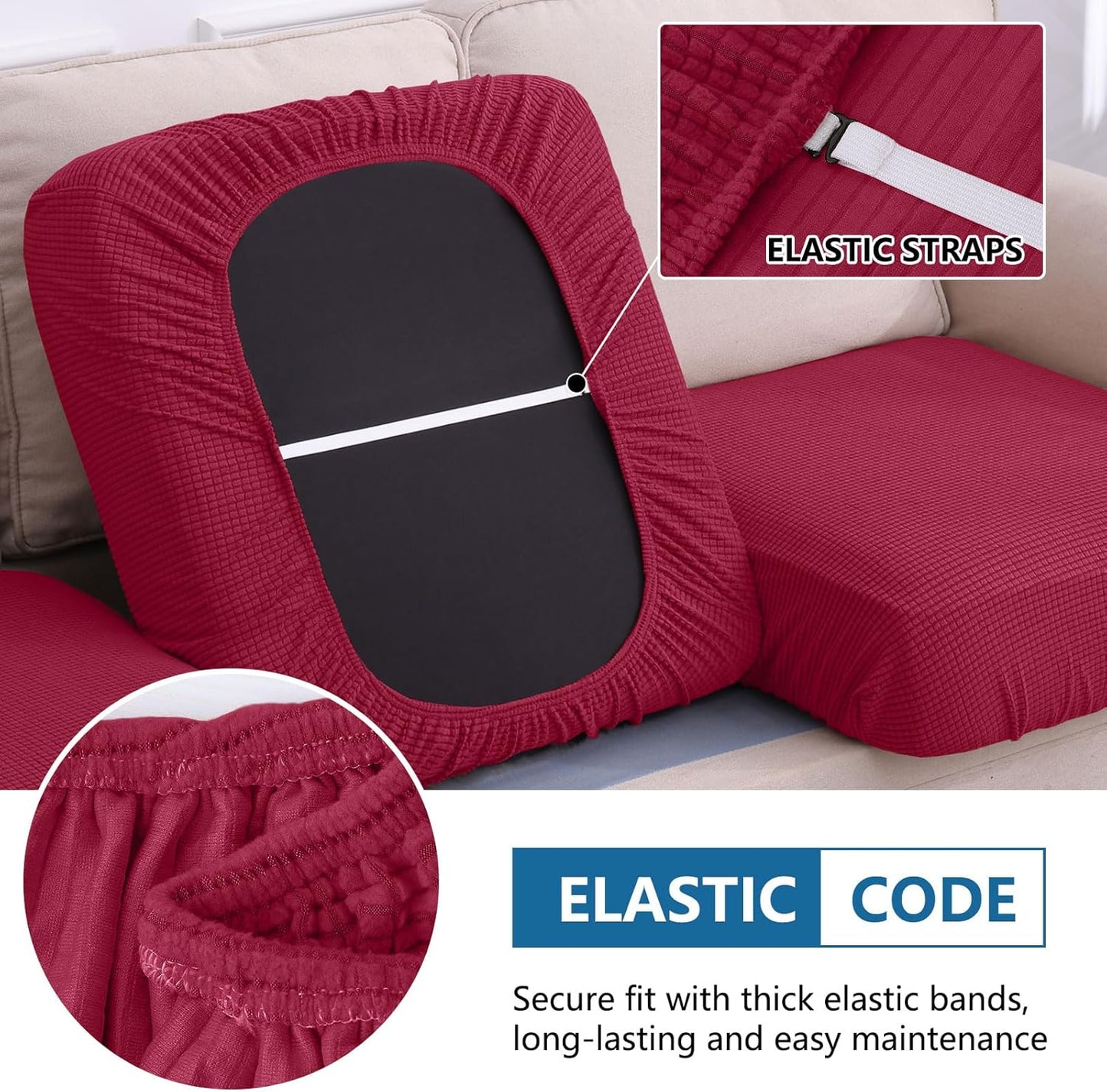 hyha Waterproof Sectional Couch Covers, Non Slip Sofa Couch Cushion Covers L Shape, Thick Stretch Jacquard Fabric, Washable Sofa Slipcovers with Elastic Bottom (1 Piece for Chaise, Wine Red)