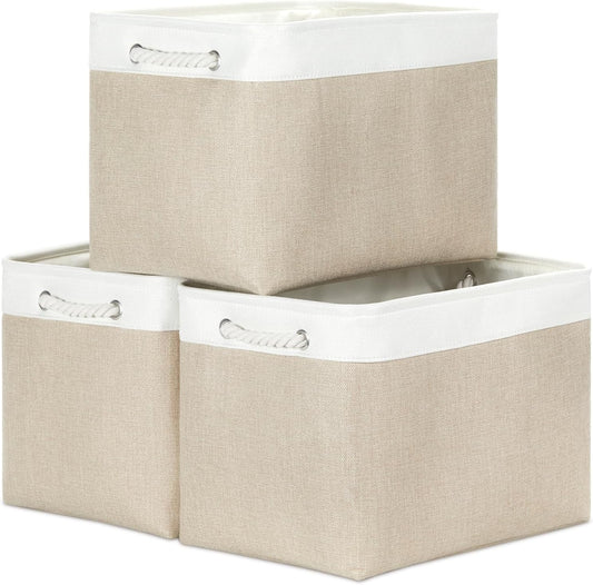 Bidtakay Large Storage Baskets for Organizing Fabric Closet Organizers Storage Bins with Handles 3-Pack 16x11.8x11.8 Inch Collapsible Baskets for Shelves Clothes Home Organization L-White&Beige