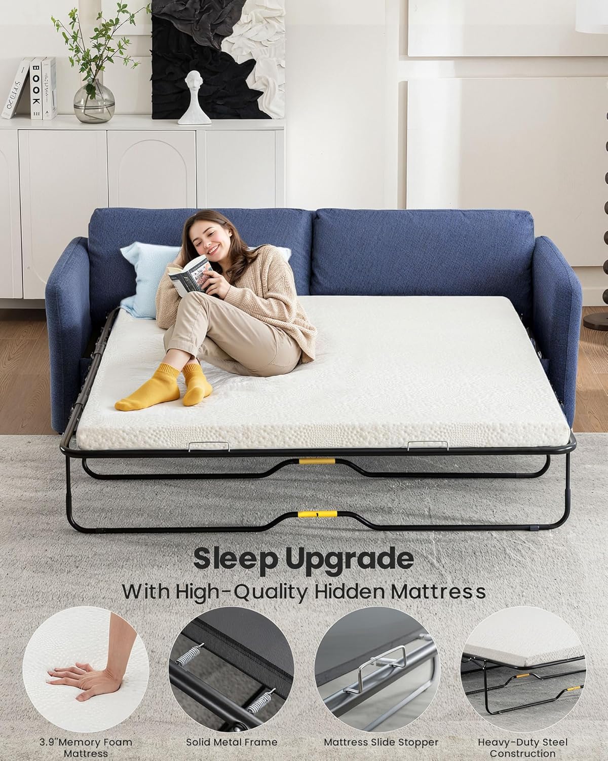 Queen Pull Out Sofa Bed, 2-in-1 Convertible Sleeper Sofa Couch with Memory Foam Mattress – Space-Saving Sofa Bed Queen for Living Room & Guest Room, Navy Blue