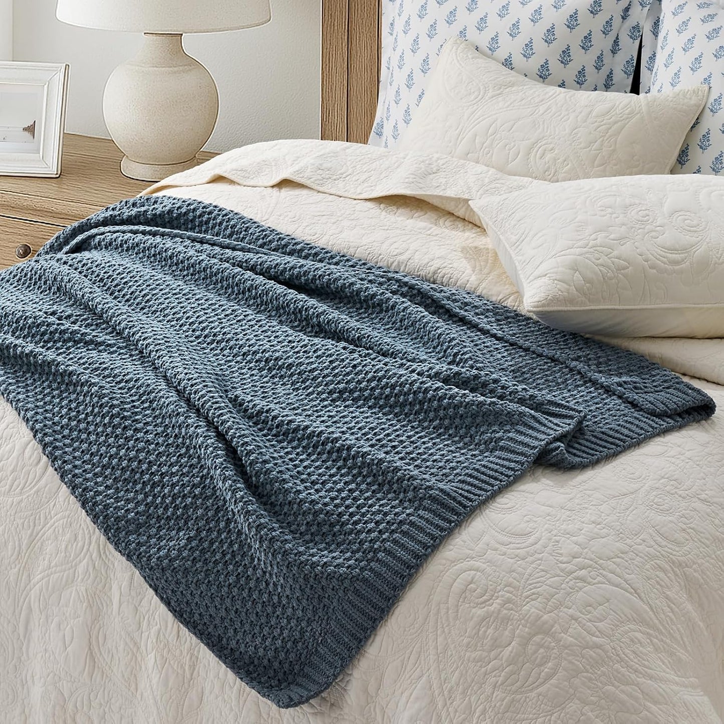 Chunky Chenille Knit Throw Blanket for Couch, Soft Luxurious Moss Stitch Blankets for Bed, Cozy Decorative Farmhouse Knitted Throws for Sofa, Stormy Blue, 50" x 60"