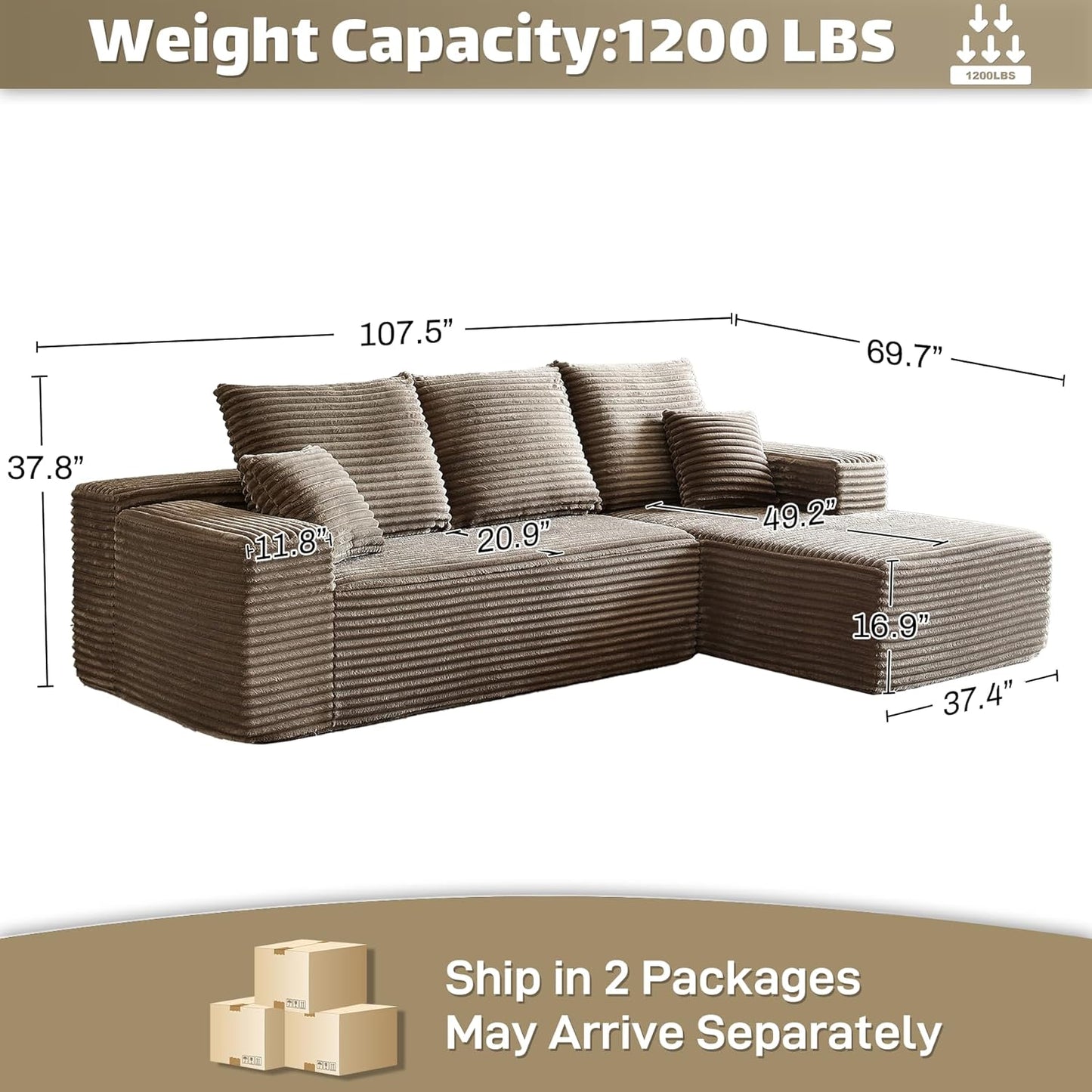 HYJT H&K Modular Sectional Sofa Cloud Couch, 107" Comfy L Shaped Sectional Couches for Living Room, Deep Seat Memory Foam Plush Fluffy Corduroy Boneless Couch Sectionals Right Facing Sofa Chaise Brown