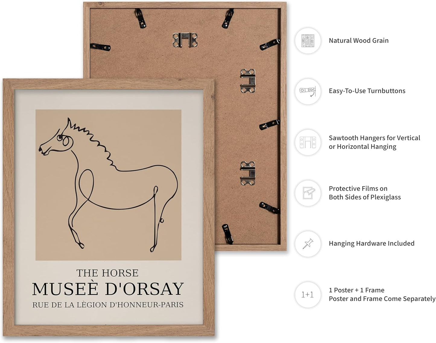 Poster Master Vintage Poster - Retro Minimalist Print - Gift for Artist, Friend - Horse, Line Drawing, Sketch, Abstract - Wall Decor for Living Room, Bedroom, 11x14 Beige Framed