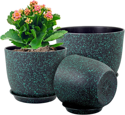 Plant Pots 10/9/8 inch, Set of 3 Modern Decorative Plastic Planters with Drainage Holes and Saucers for Garden House Plants, Flower Pots for Indoor Outdoor Plants, Black with Green Speckles