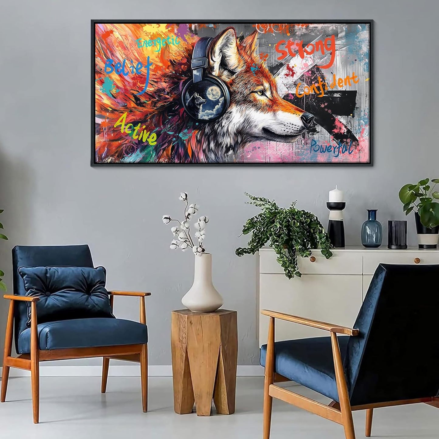 JEAWA Graffiti Canvas Wall Art - Modern Street Pop Art Wolf Funny Graffiti Framed Painting for Living Room Bedroom Bathroom Office Home Pictures Inspiring Decor Gifts for Boys 20x40 IN
