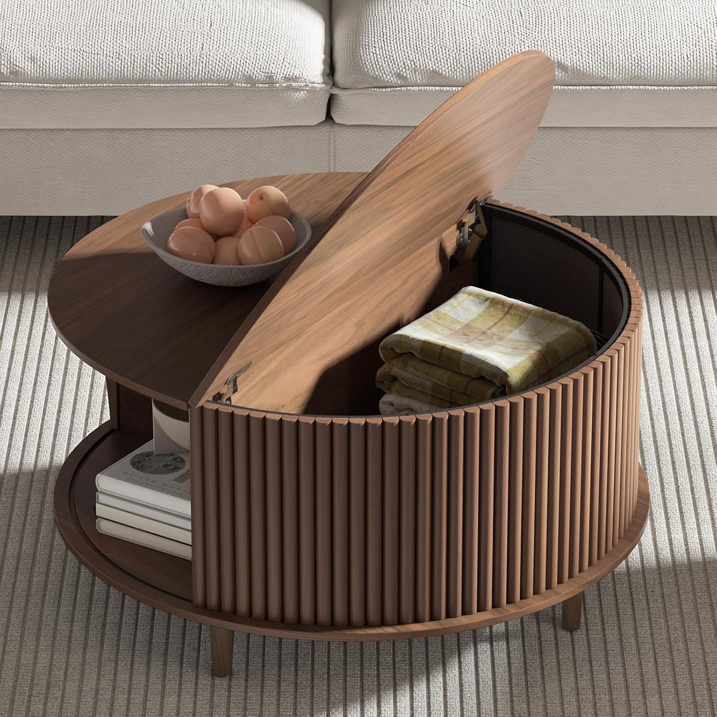 Round Coffee Table with Storage,Fluted Center Table with Sliding Cabinet Door for Living Room,Home Small Space,31.5" Small Center Table,Walnut