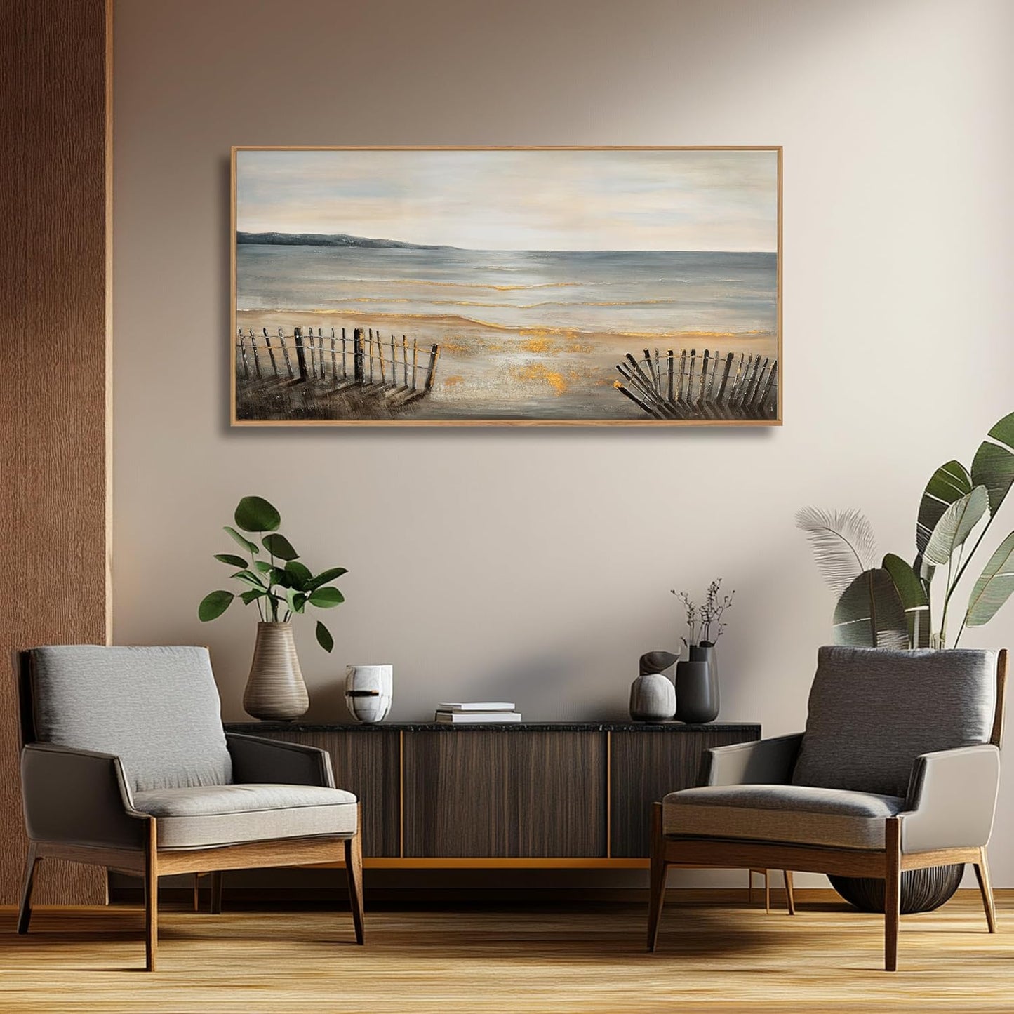 Yuaxker Large Ocean Wall Art Grey and Gold Wall Decor Framed Wall Hanging Wave Aesthetic Artwork for Living Room Bedroom Dining Room Office Home Decor 30x60 Inch