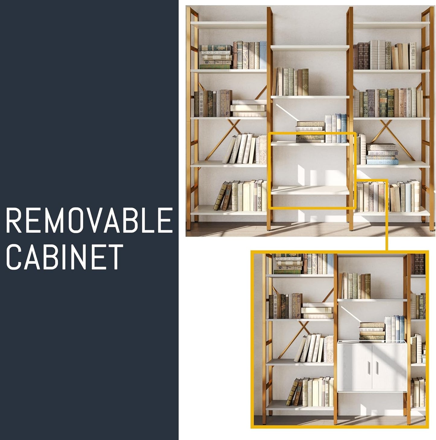 Triple 5 Tier Bookshelf, Industrial Large Bookcase with Storage Cabinet, Tall Gold Bookshelf with 14 Open Display Shelves Metal Frame Furniture for Living Room Bedroom Home Office Gold & White