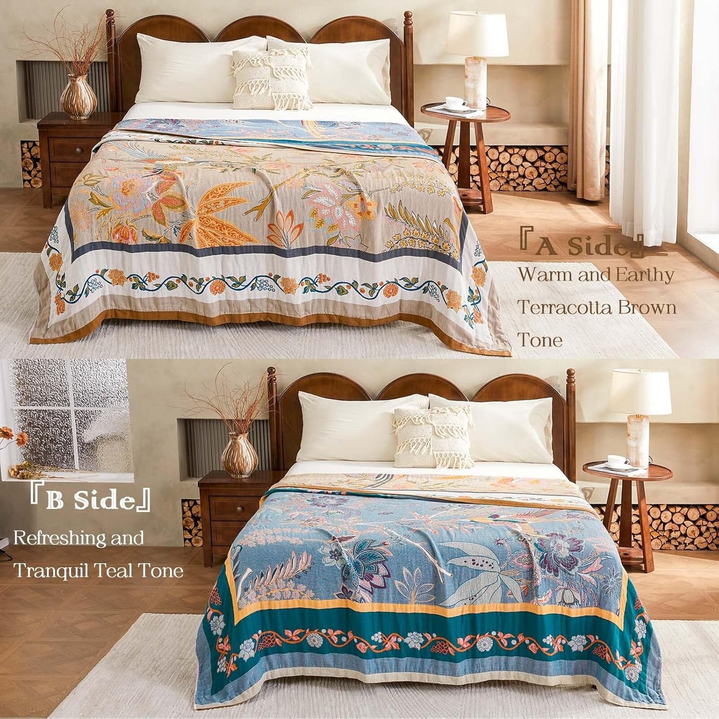 Boho Blanket, 100% Cotton Farmhouse Decorative Throw Blanket, 60"x80" Reversible Bohemian Throw Blanket, Brown All Season Muslin Breathable Woven Blankets Quilt