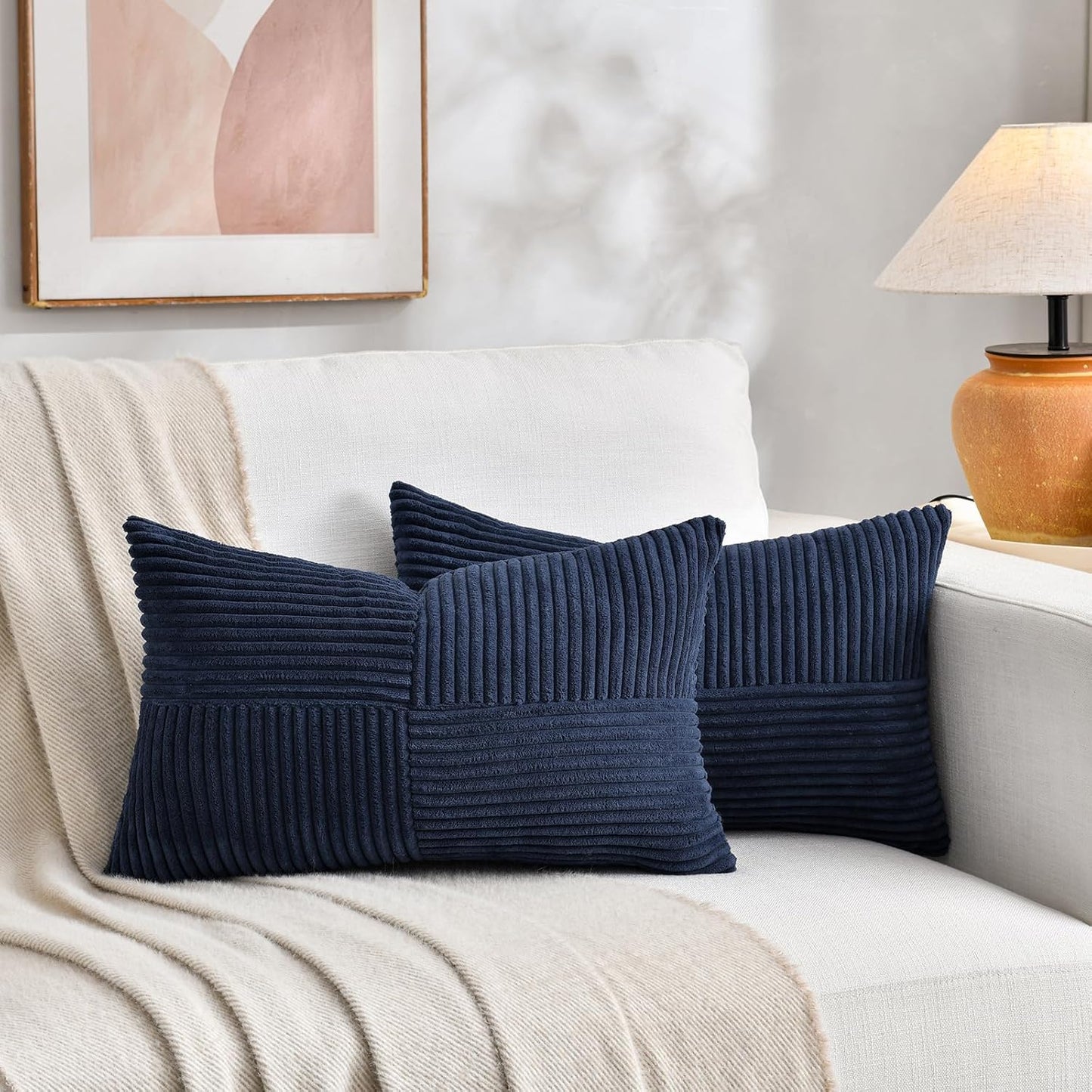 Fancy Homi 2 Packs Navy Blue Long Lumbar Decorative Throw Pillow Covers 16x24 Inch for Couch Bed Sofa, Rustic Farmhouse Boho Home Decor, Soft Striped Corduroy Rectangle Accent Cushion Case 40x60 cm