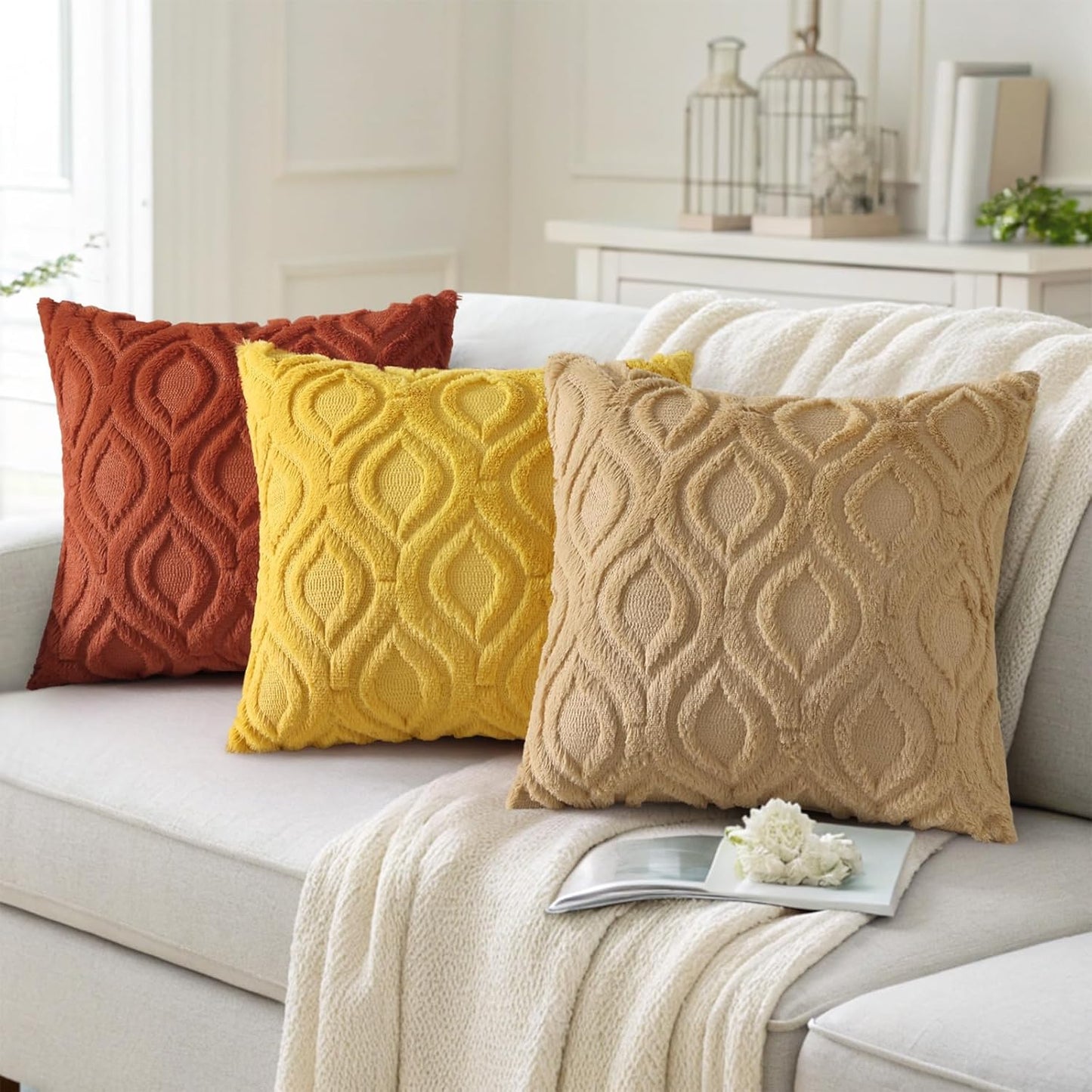 decorUhome Throw Pillow Covers 16x16 Inch Set of 2, Soft Plush Decorative Faux Fur Light Brown Solid Couch Pillow Covers, Accent Farmhouse Neutral Square Euro Pillow Cases for Sofa Bed Living Room