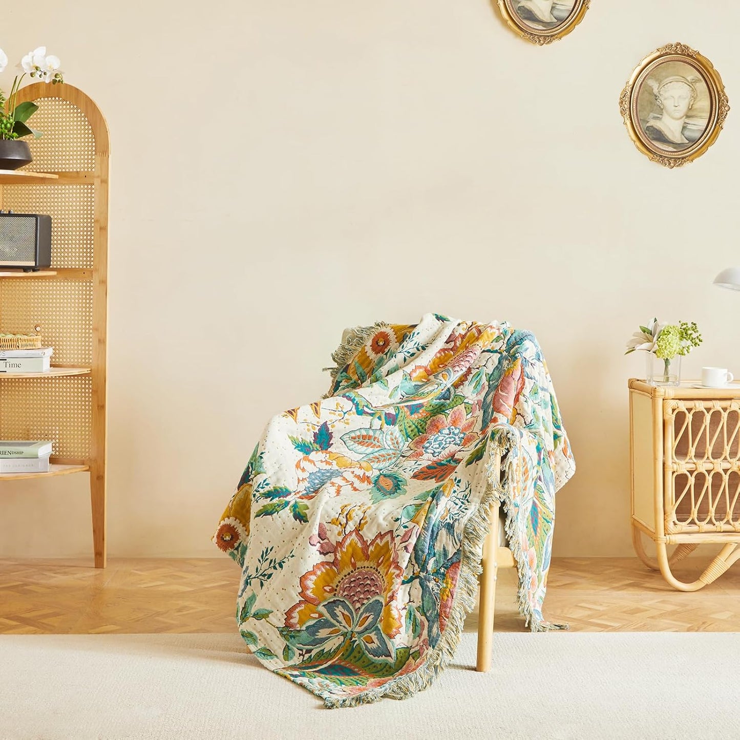 MSGKV Boho Throw Blanket for Couch Bed Chair 100% Cotton Muslin Breathable Vine Embroidery Blanket 50"x60" Sofa Blankets for All Seasons Lightweight Farmhouse Blankets Boho Home Decor