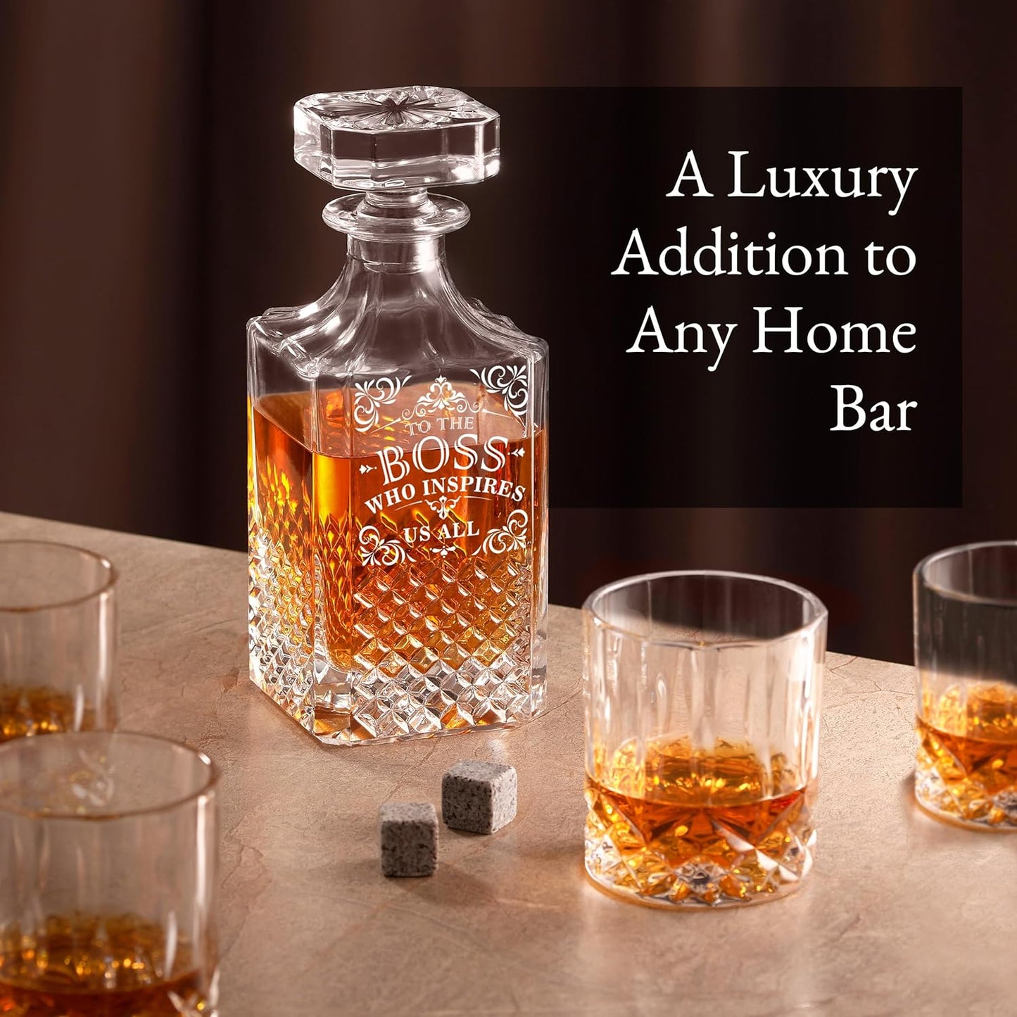 Luxury Gift For Boss - Boss Who Inspires Us All - Unique Engraved Whiskey Decanter Set For The Leader or Dad Christmas, Birthday Gift – 4 Whiskey Glasses And Decanter Set for Whisky, Bourbon Ets.