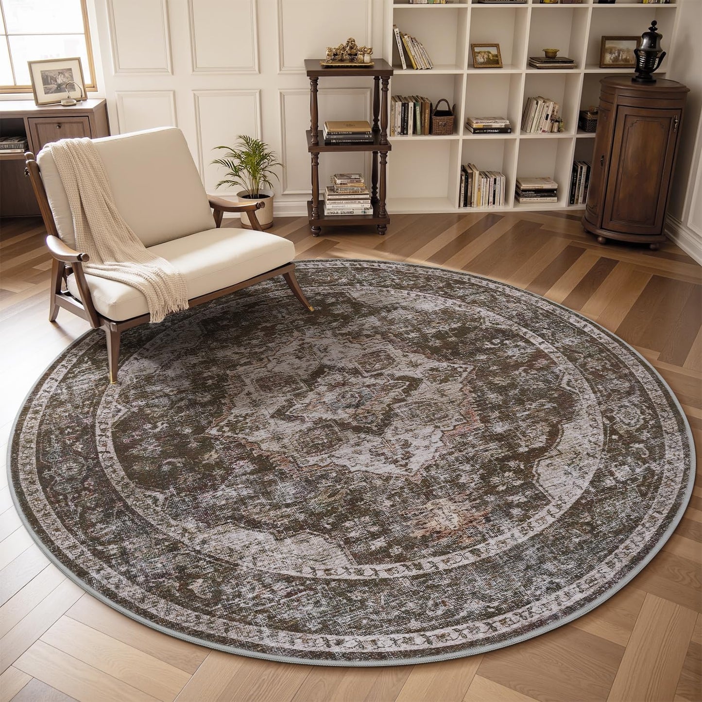 AMOAMI-6FT Round Rug-Rugs for Living Room-Vintage Soft Brick/Brown Rugs for Bedroom-Non Slip Circle Rug-Machine Washable Rug for Dining Room Living Room Bedroom Office Under Table