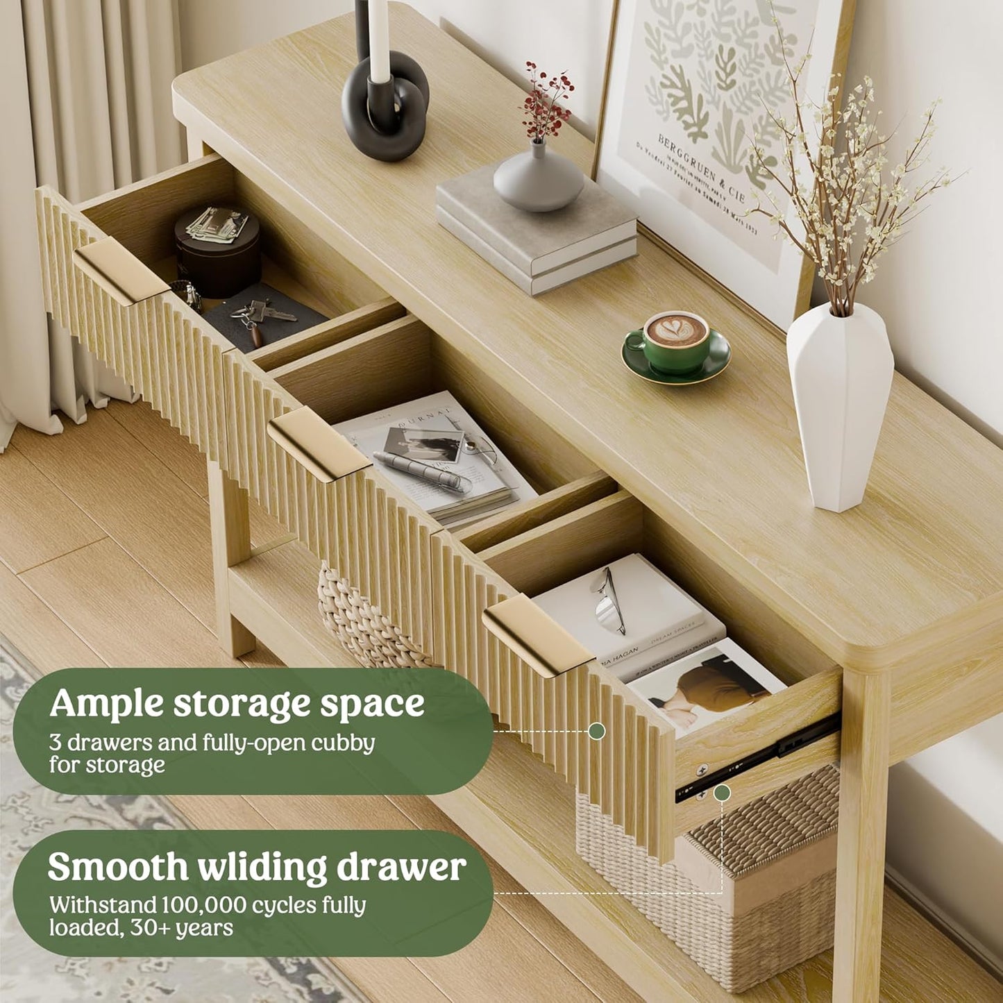 Lulive 51" Fluted Console Table for Entryway, Entryway Table with 3 Wooden Drawers, Farmhouse Behind Sofa Table for Living Room, Hallway, Couch, Foyer