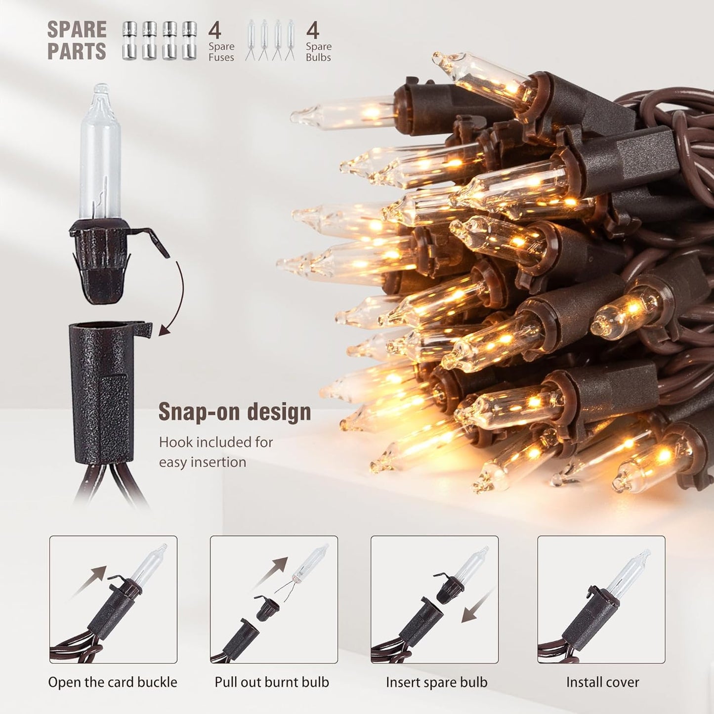 YOUNGAR 13FT 50 Clear Christmas Lights Outdoor, UL Approved Christmas Tree Lights with Brown Wire, Incandescent Mini Light Plug in for Indoor Outdoor Tree Patio Garden Xmas Decor