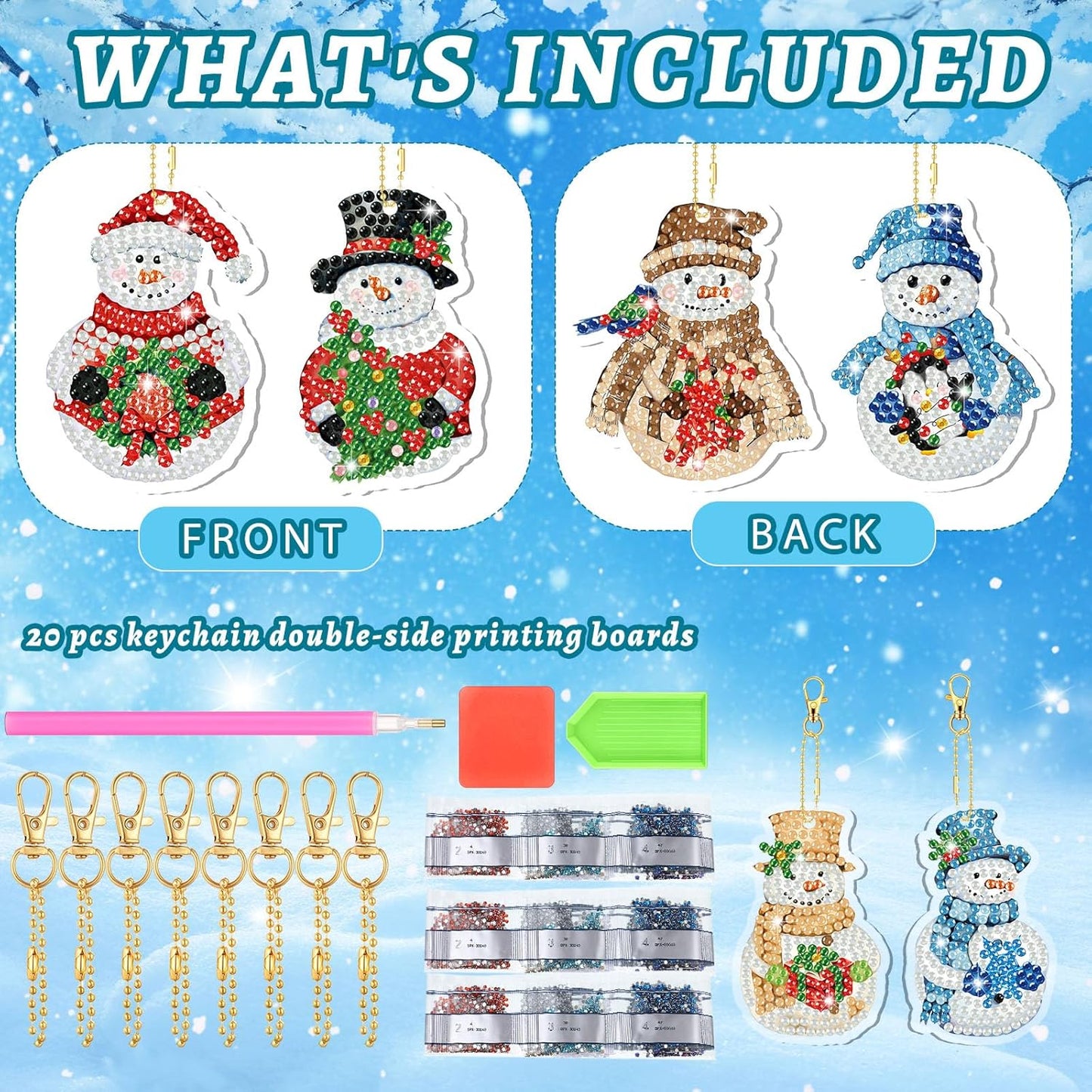 Tondiamo 20 Pcs Christmas Diamond Painting Keychain Kits 5D DIY Diamond Art Pendants Double Sided Hanging Key Chains for Christmas Party Decoration DIY (Snowman)