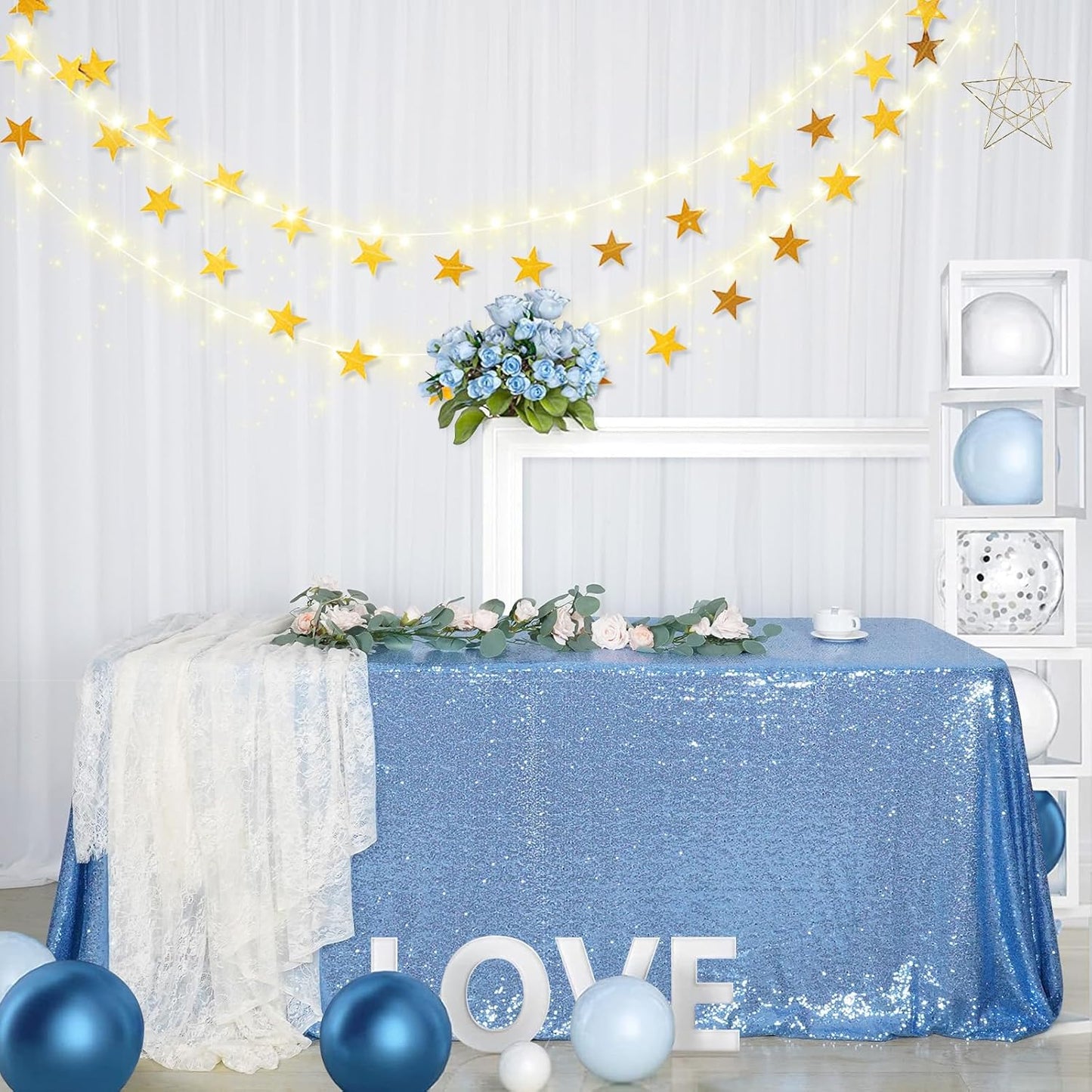 SquarePie Sequin Tablecloth 90 x 156 Inch Baby Blue Sparkly Table Linen for Wedding Party