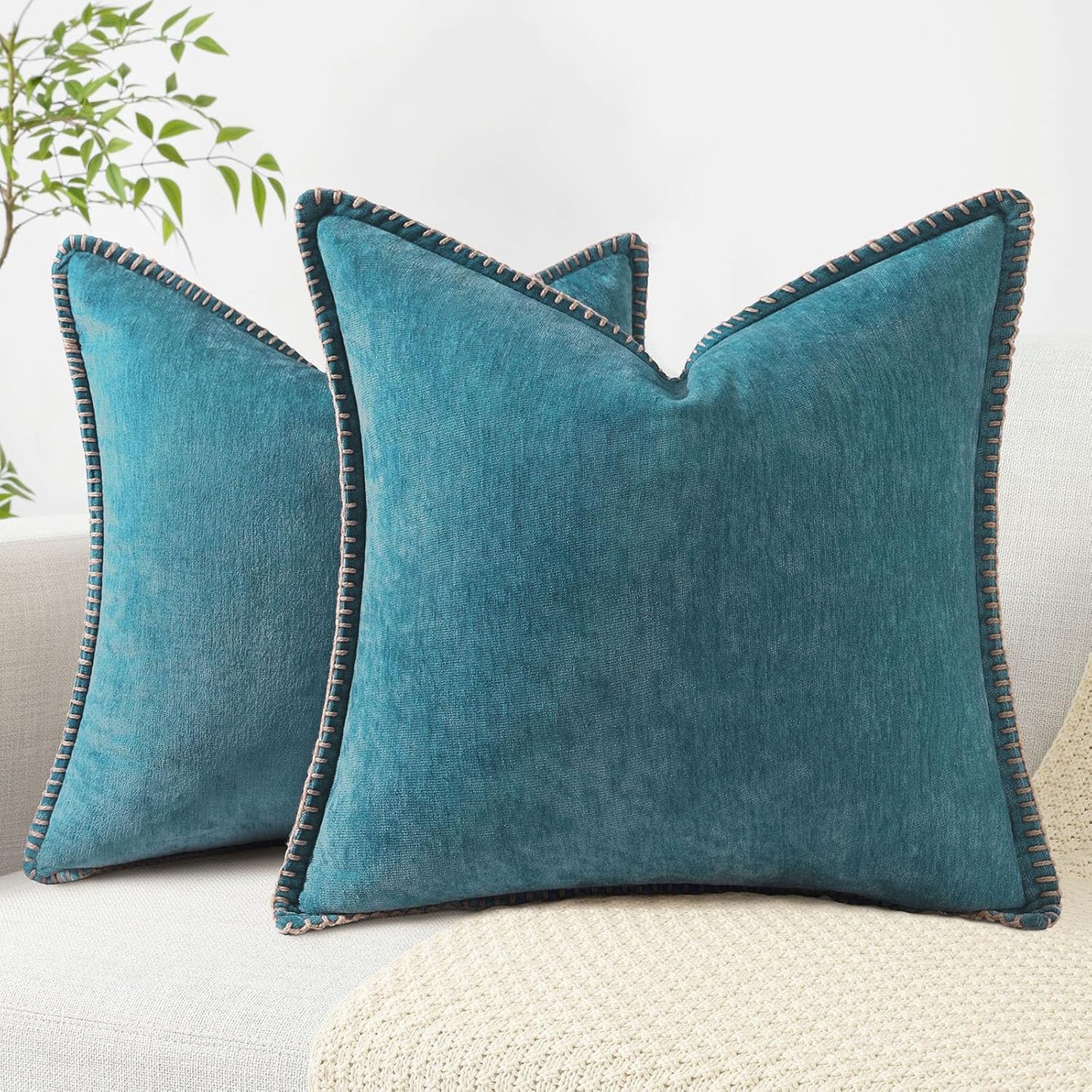 decorUhome Chenille Soft Throw Pillow Covers 18x18 Set of 2, Farmhouse Velvet Neutral Decorative Euro Pillow Covers with Stitched Edge for Couch Sofa Bed Home Decor, Teal