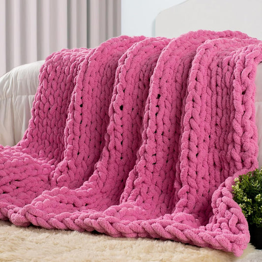 Carriediosa Chunky Knit Throw Blanket 50" X 60", 100% Hand Made Large Chenille Loop Yarn Soft Fluffy Throws for Couch Sofa Bed, Big Crochet Cozy Heavy Thick Cable Woven Blankets, Hot Pink