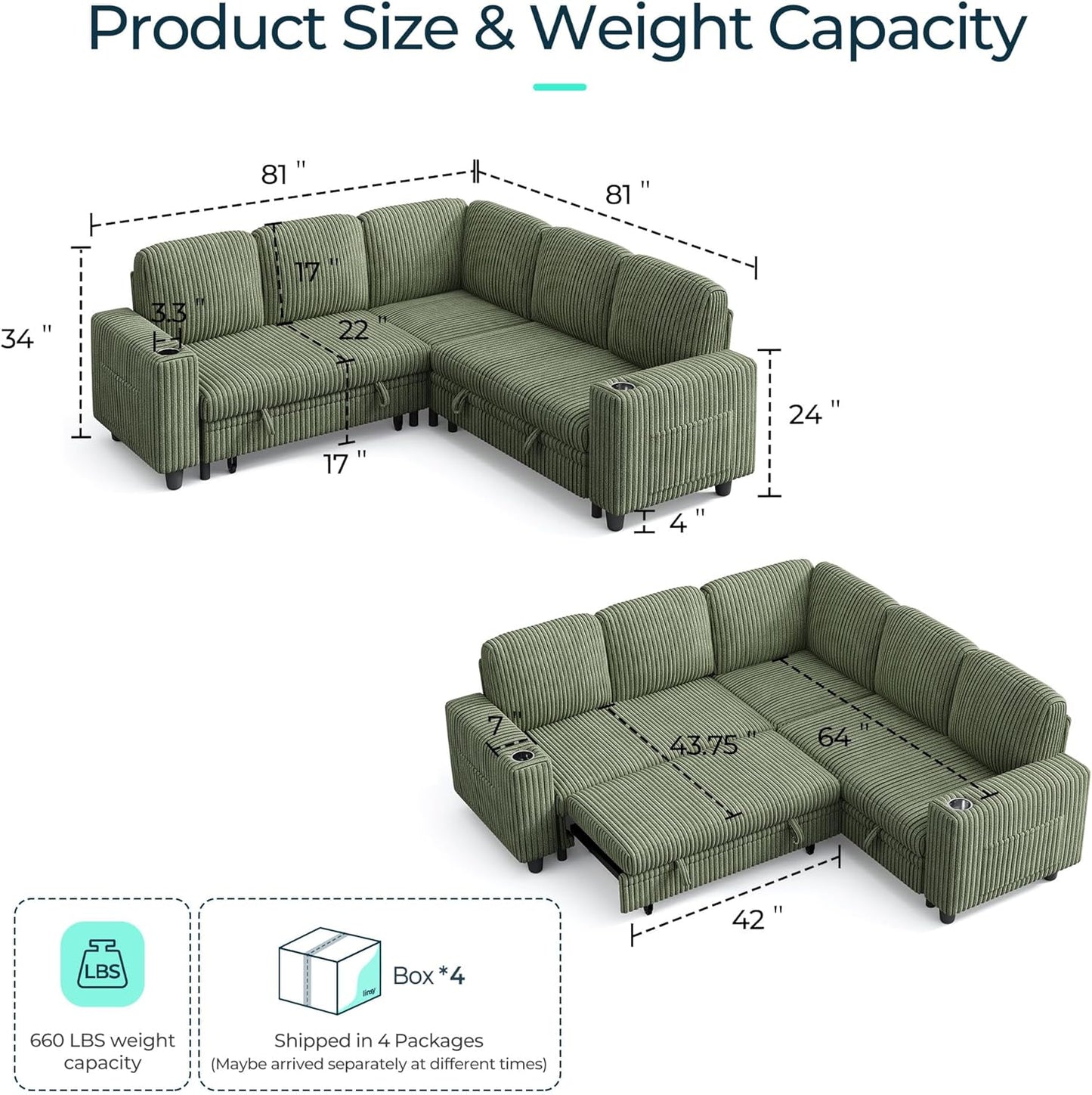 LINSY HOME Sectional Sleeper Sofa with Pull Out Couch Bed - Convertible Plush Corduroy Cloud Couch with Storage Chaise & USB Charging, Comfy L Shaped Modular Couches for Living Room Apartment, Green