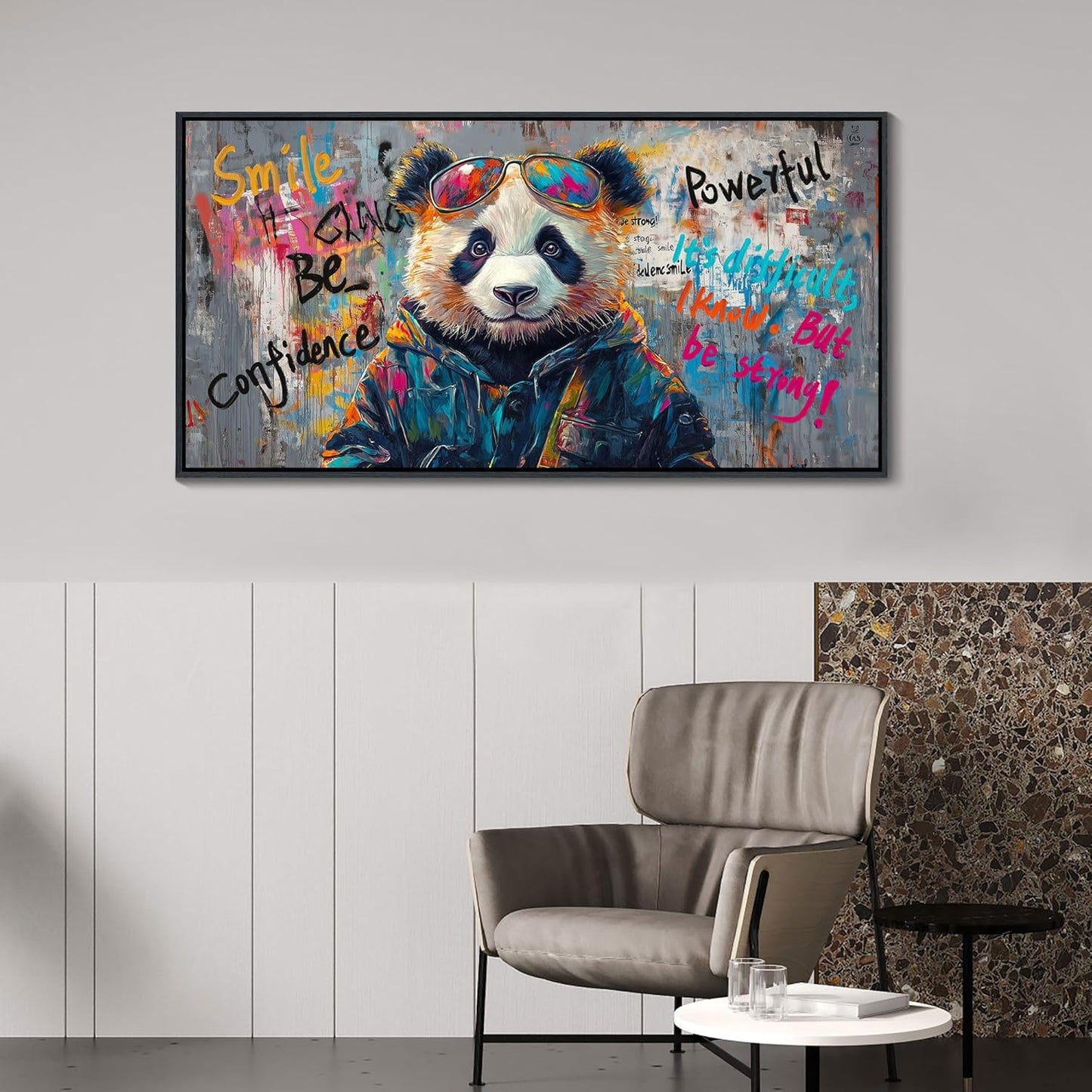 JEAWA Graffiti Abstract Wall Art, Cute Panda Street Cool Pop Framed Canvas Animal Paintings for Living Room Bedroom Bathroom Teenage Boy Game Room Inspirational Picture Wall Decor 20x40 IN