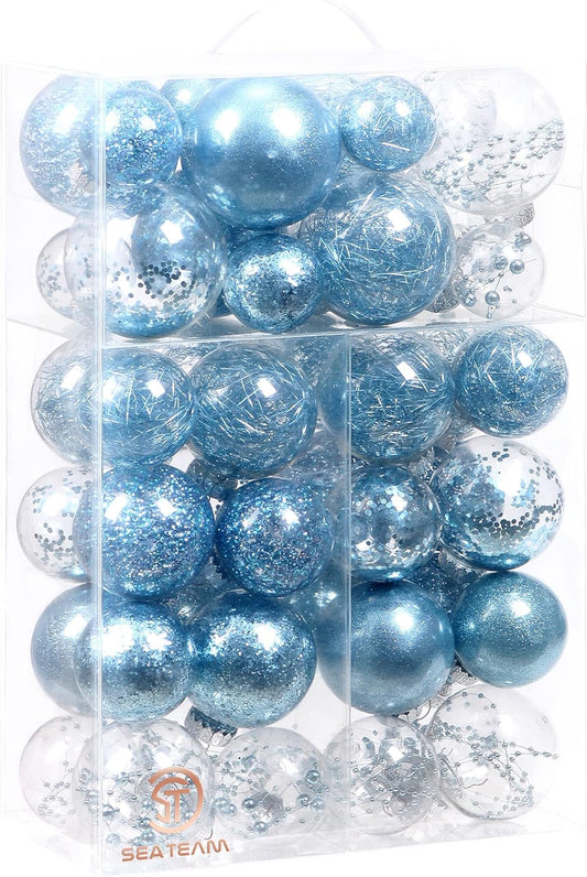 Sea Team Pack of 48 Shatterproof Clear Plastic Christmas Baubles Multi-Size Decorative Christmas Baubles with Stuffed Delicate Decorations (Babyblue)