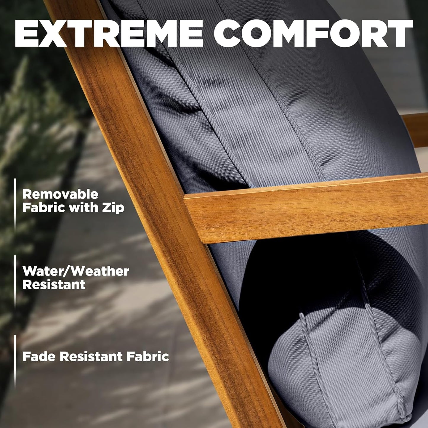 IDZO Club Rocking Chair 500lbs Capacity with Inclined Backrest, Thick Foam Cushion, Solid Acacia Wood Rocker for Patio, Backyard, Balcony, Porch, Grey