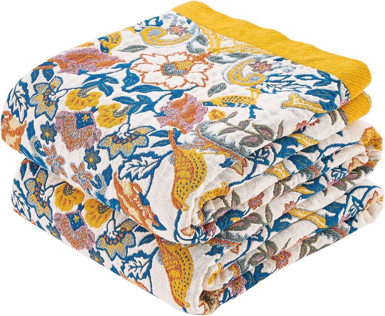 Boho Blanket Throw Quilt, 100% Cotton Soft Light Weight Throw Blankets for Summer, 50"x60" Farmhouse Flower Decorative Blankets, All Season Rustic Reversible Bohemian Throw Quilt