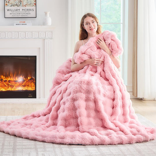 Lotus Karen Faux Fur Throw Blanket Pink - Big Bubble Rabbit Fluff Blanket for Couch, Small Fluffy Fuzzy Cozy Blanket,Thick Furry Plush Shaggy Blankets,50x60 Inches