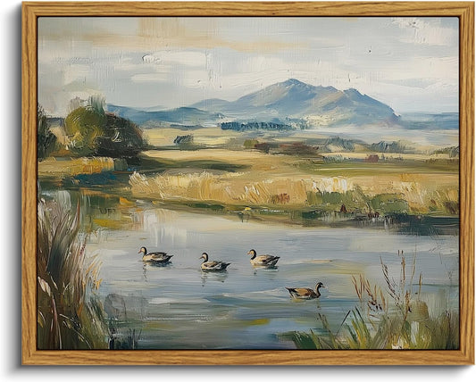 VIYYIEA Framed Wall Art for Living Room, Duck Pond Canvas Prints, Vintage Home Decor, Oil Painting Picture, Bathroom Wall Decor Gifts for Friends or Family -【Duck Pond】-(10L x 8W)