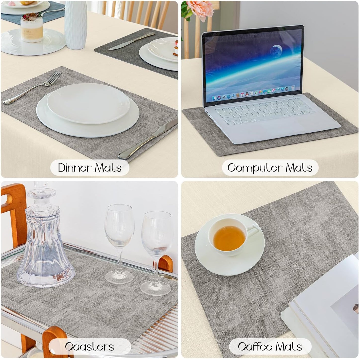 Romanstile Reversible Vinyl Placemats Set of 8, Faux Leather 100% Waterproof Oil-proof Wipeable Place Mats, Heat Resistant Dual Sided Table Mats for Kitchen/Dining/Party (Grey Nave Blue, 12 x 17 Inch)