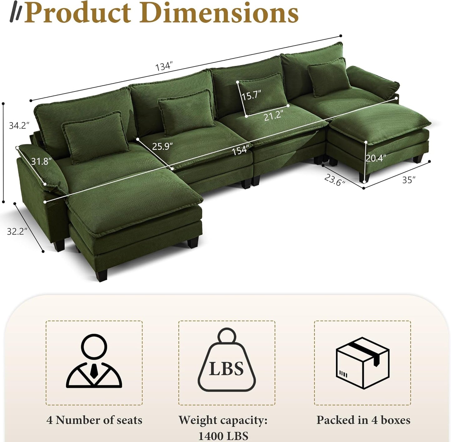 URRED Modular Sectional Sofa Comfy Cloud Couch, Modern Corduroy Sofa Sleeper Deep Seat Couches with Ottoman/Pillows for Living Room (Green, 154'' - U Shape)