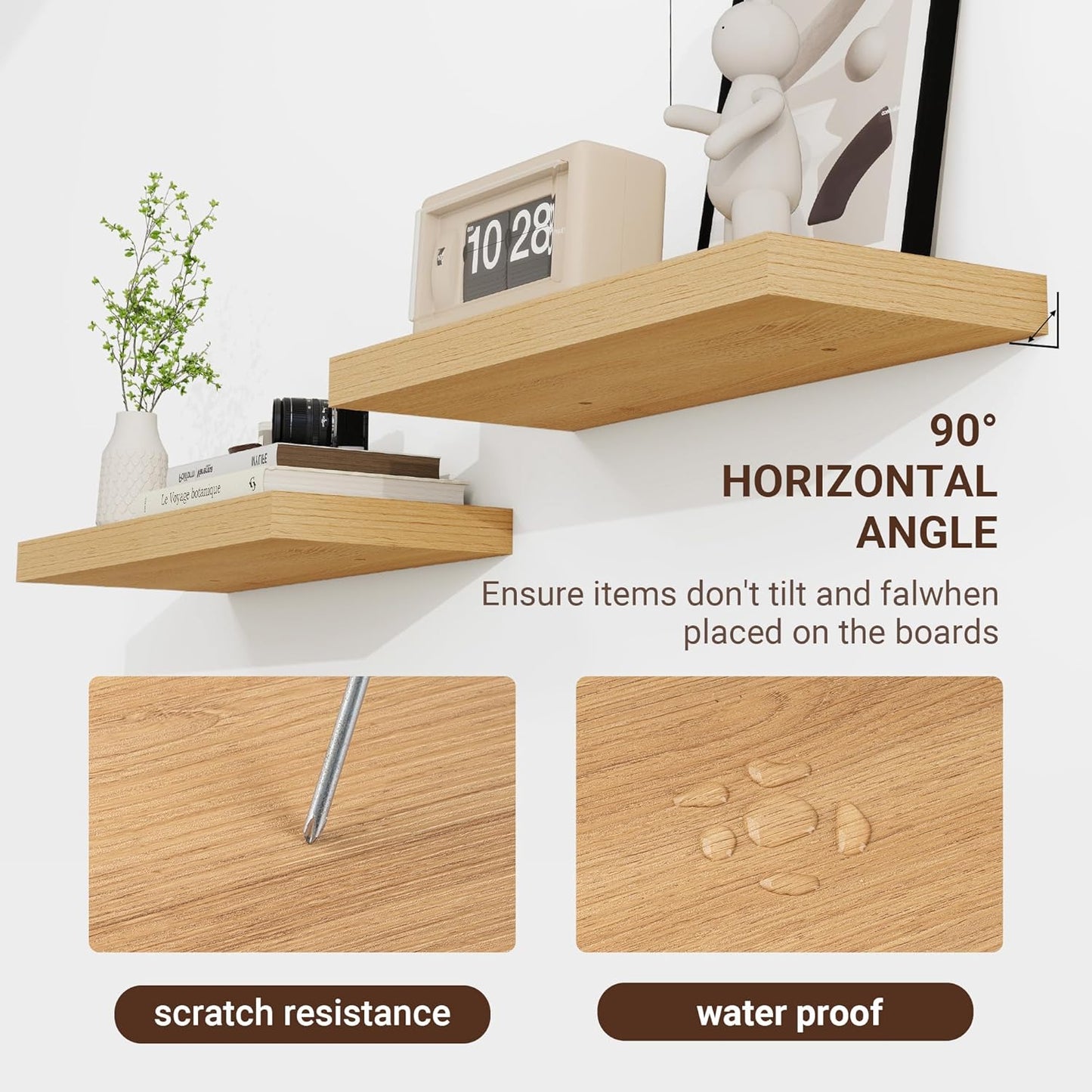 24 Inch Floating Shelves, 3D Textured Wood Grain, 24"x9.25"x1.5" Inch Deep Floating Shelves for Wall, Wooden Shelves for Bathroom, Bedroom, Living Room, Natural